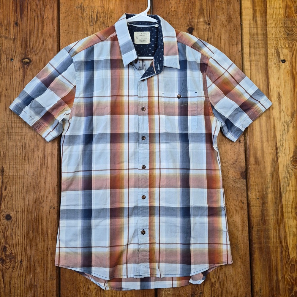 7 Diamonds Made Well Mens Medium Short Sleeve Plaid Button Shirt Orange Blue